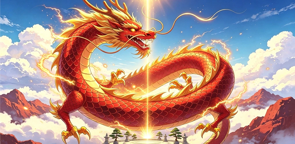 A red and gold dragon surrounded by lightning above a mountain landscape